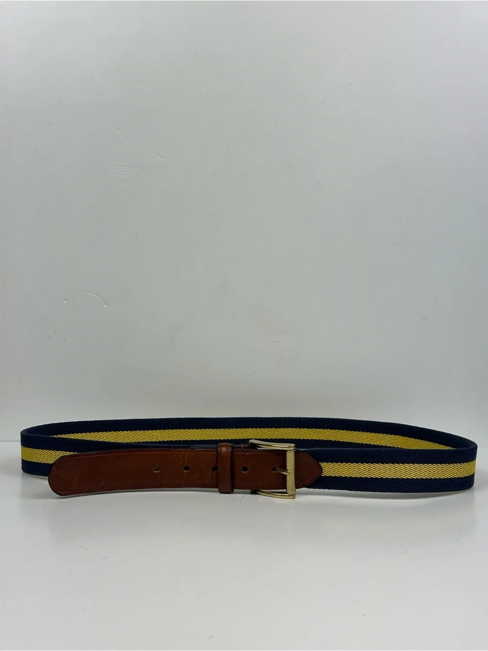 Men's Navy & Yellow Striped Belt with Brown Leather Trim